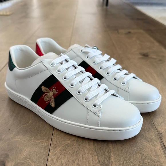 Gucci White Leather Sneakers with Red & Green Web and Gold Bee